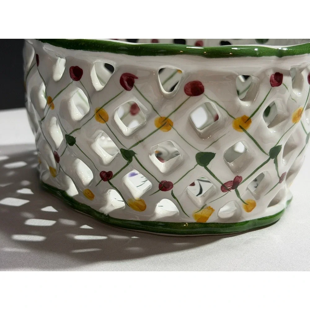 Vintage Hand Painted Portugal Ceramic Reticulated Lattice Floral Basket 406D